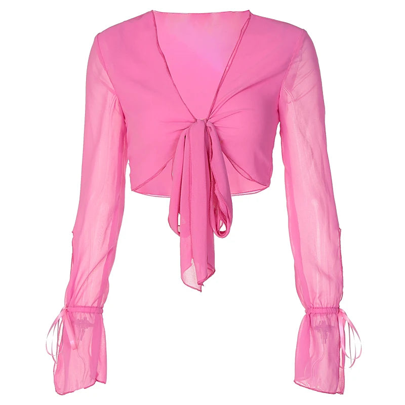 Bow Tie Flare Long Sleeve Chiffon Blouses Crop Top V Neck Blouses