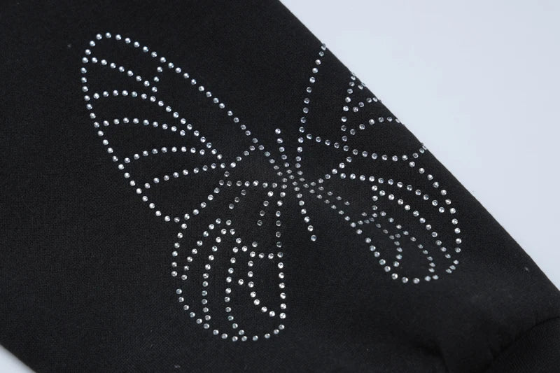 Hooded Sparkly Crystal Rhinestone Butterfly Long Pullovers Casual Streetwear