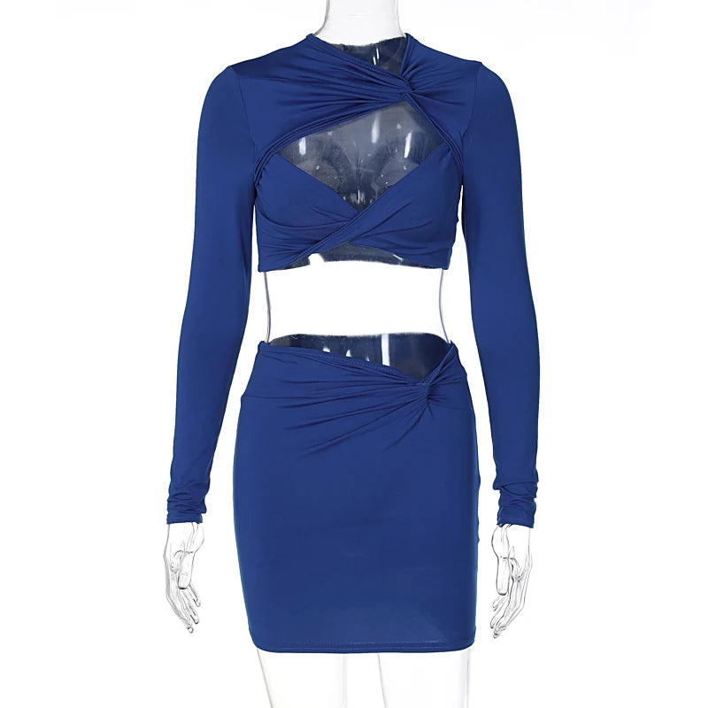 Women Sexy Y2K Clothes 2 Piece Set Hollow Out Long Sleeve Crop Top High Waist Mini Skirts Matching Suit Club Streetwear