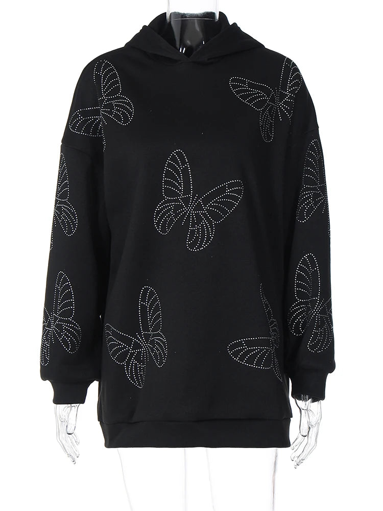 Hooded Sparkly Crystal Rhinestone Butterfly Long Pullovers Casual Streetwear