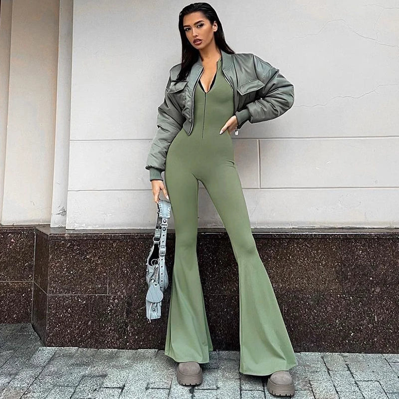 Zipper Half Turtleneck Jumpsuit Long Sleeves Bell-Bottomed Pants Autumn Women Clothing Sexy Body-Shaping Clubwear