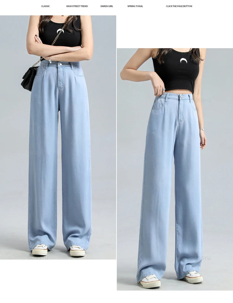 Thin Soft Women's Jeans Natural Lyocell Fabric Baggy Wide Leg Denim Pants Streetwear Loose Casual Female Clothing XS-3XL