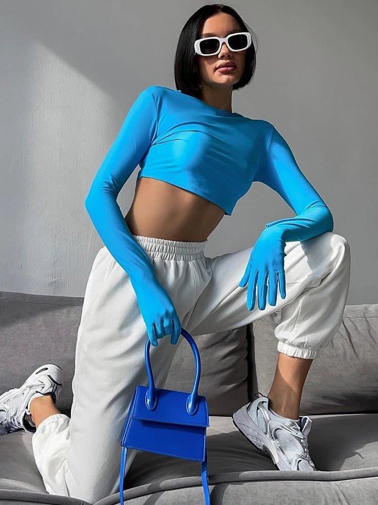 Cotton T-Shirt Crop Top Long Sleeve With Gloves 2023