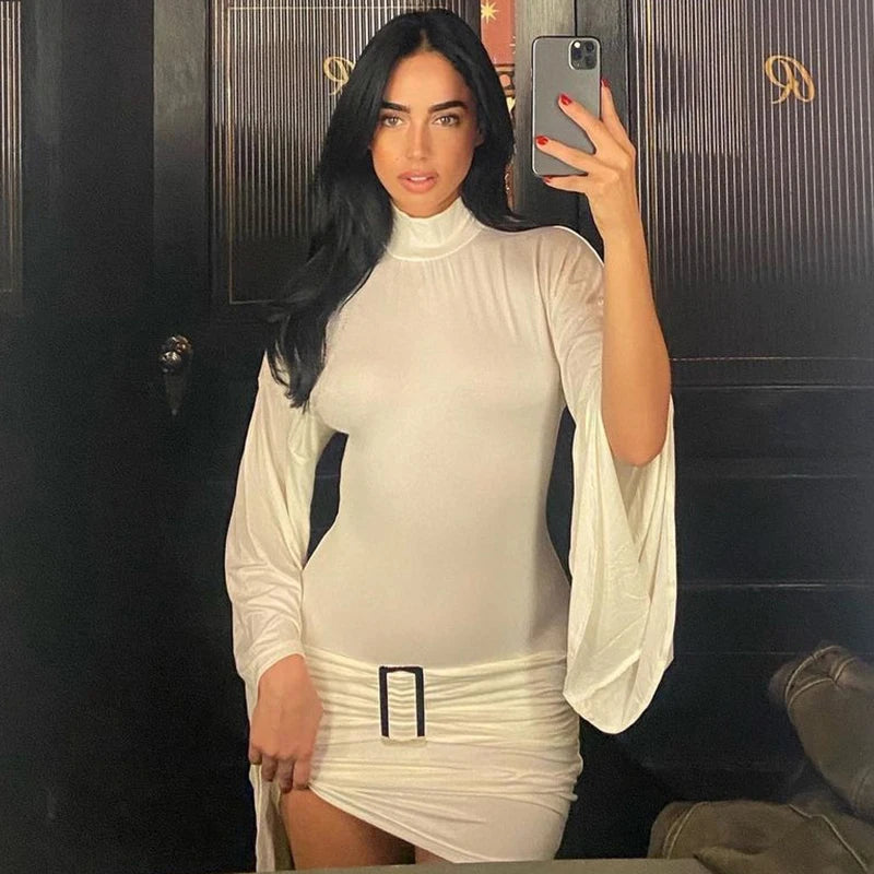 Solid Pure Color Half Turtleneck Long Trumpet Sleeves Mini Dress