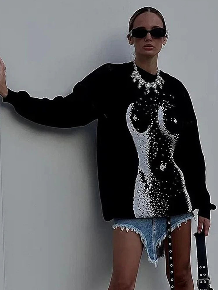 Knitted Crochet Print Long Sleeve Hook Flower Sweater