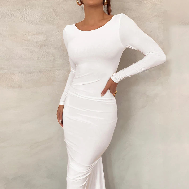 Ruched Y2K Clothes Long Sleeve Backless Midi Dresses