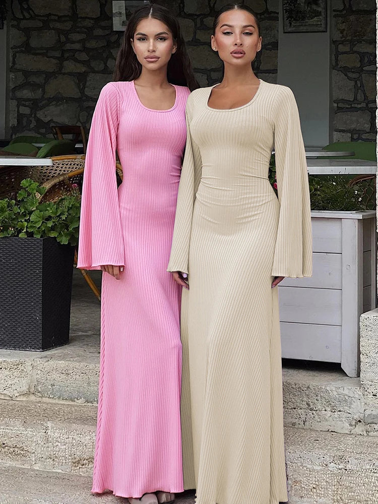 Solid Ribbed Trumpet Sleeves Maxi Dress