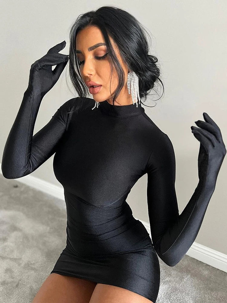 Solid Long Sleeve With Gloves Mini Dress