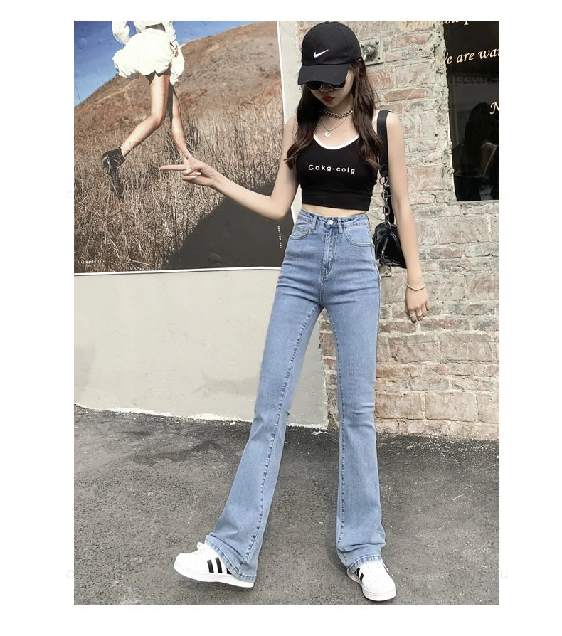 Women Flared Jeans High Waist Cotton Stretch  Wide Leg Denim Casual Pants White Blue Skinny Trousers