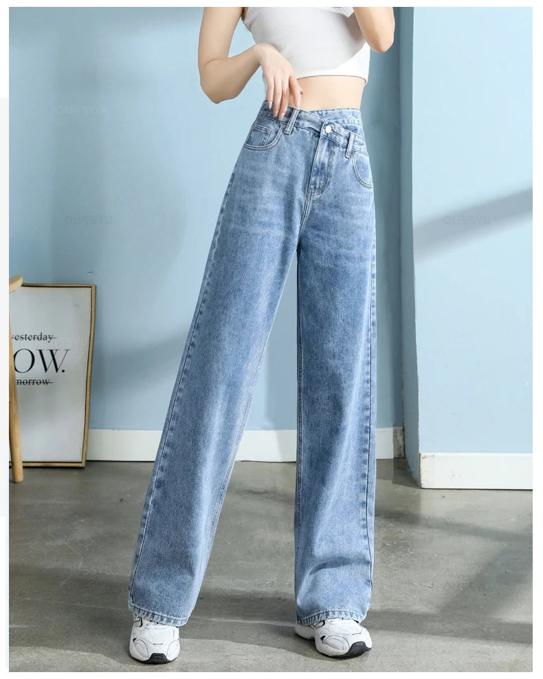 High-Quality Cotton Jeans Women Wide Leg Denim Pants Femme Black Blue Streetwear Baggy Straight Design Waist Trousers