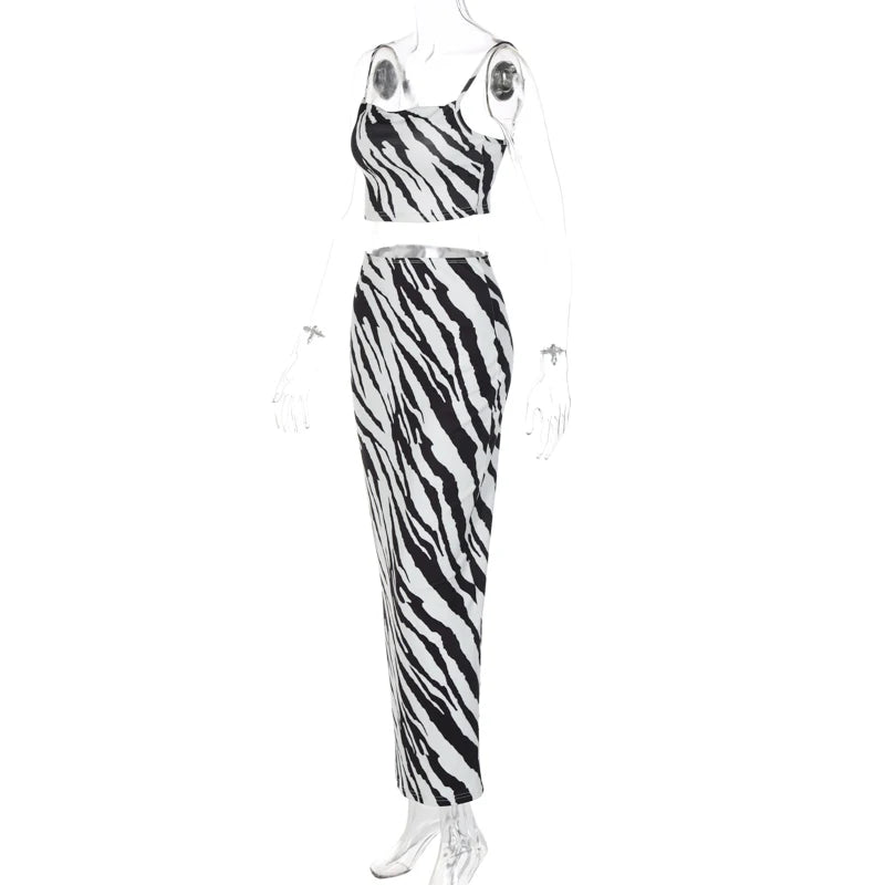 Women Sexy Ribbed Y2K Clothes Zebra Print 2 Pieces Sleeveless Backless Crop Tops Bodycon Maxi Skirt Matching Set Club