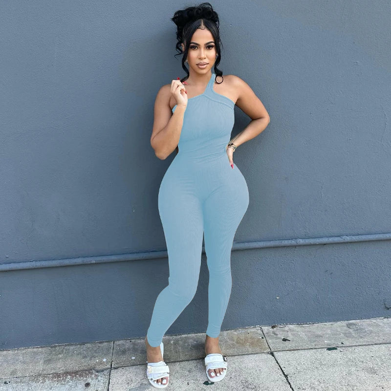 Autumn Ribbed Sexy Y2K Clothes One Shoulder Sleeveless Backless Bodycon Skinny Jumpsuit For Women Club Streetwear Romper