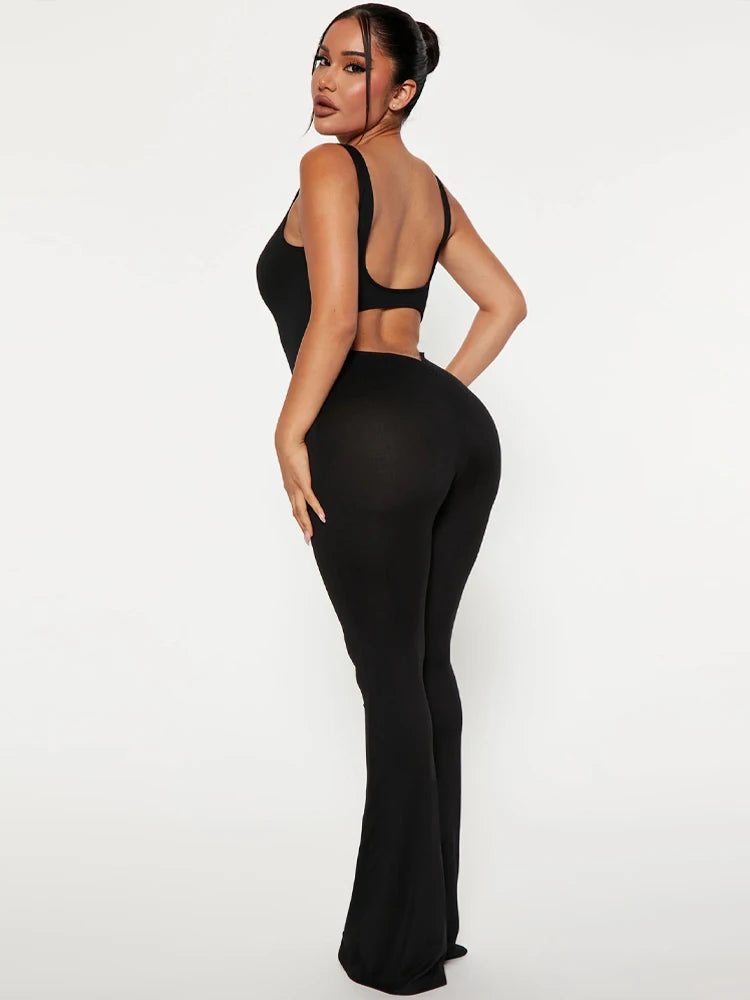 Women Solid Ruched Backless Cut Out Jumpsuit Hollow Out Flared Pants Sexy Y2K Sleeveless Outfits