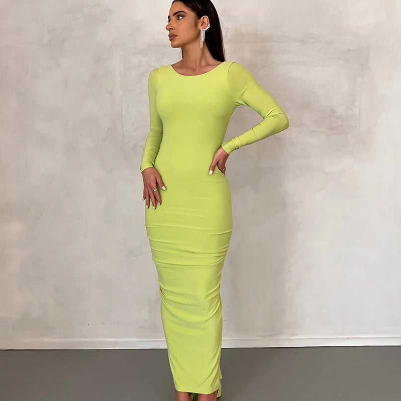 Ruched Y2K Clothes Long Sleeve Backless Midi Dresses