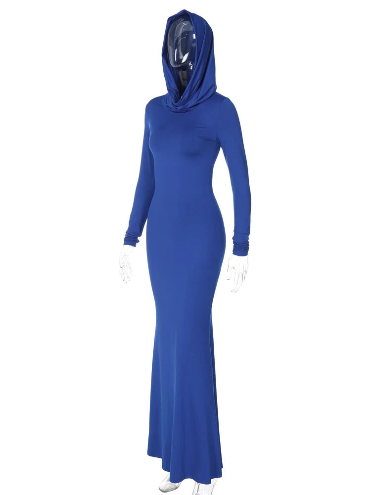 Solid Pure Color Hooded Long Sleeves Maxi Dress