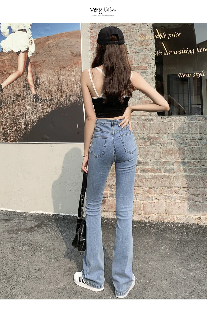 Women Flared Jeans High Waist Cotton Stretch  Wide Leg Denim Casual Pants White Blue Skinny Trousers