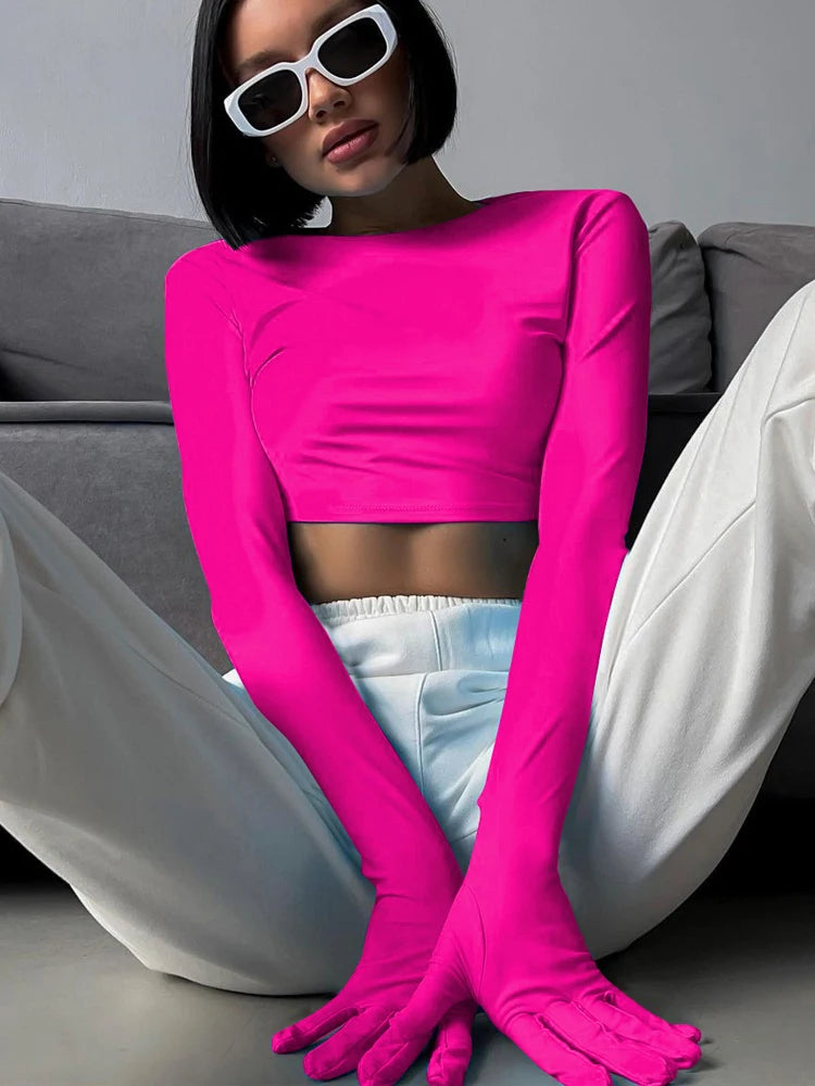 Cotton T-Shirt Crop Top Long Sleeve With Gloves 2023