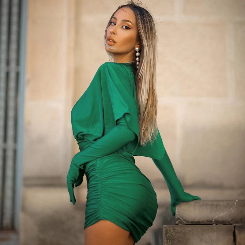 Deep V-Neck Long Sleeves With Gloves Mini Dress