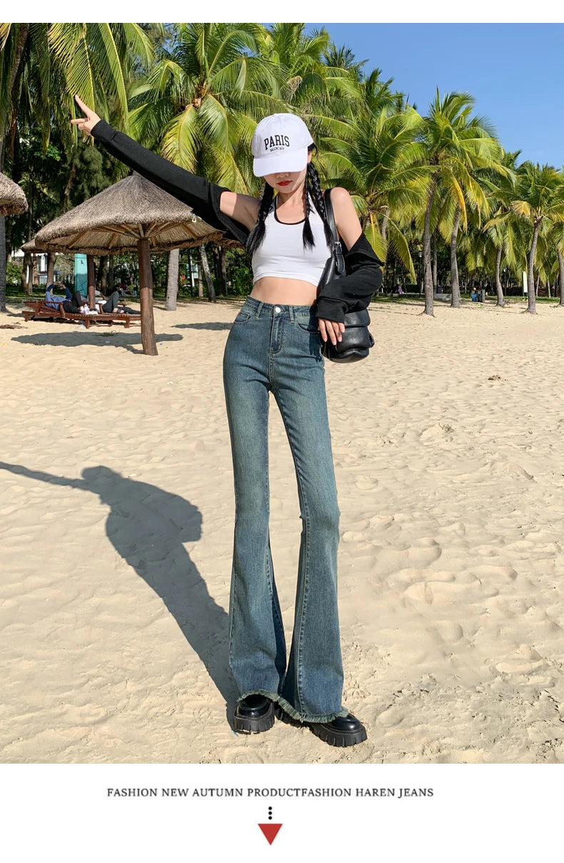 Flared Jeans Women Cotton Vintage Blue Denim Pants Streetwear Elastic High Waist Slim Harajuku Trousers