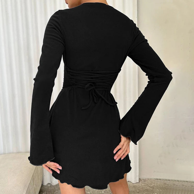 Back Straps Trumpet Sleeves Mini Dress