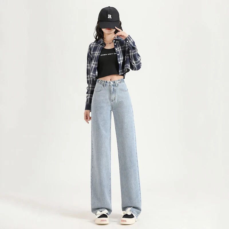 Women Straight  Jeans Adjust Elastic High Waist Vintage Denim Pants Leisure Streetwear  Fashion Loose Wide Leg Trousers