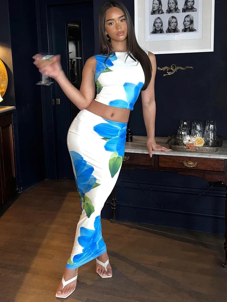 Matching Suit Print Flower Sleeveless Top Tank Maxi Skirt Bodycon Party Birthday Evening Streetwear Sexy Y2K