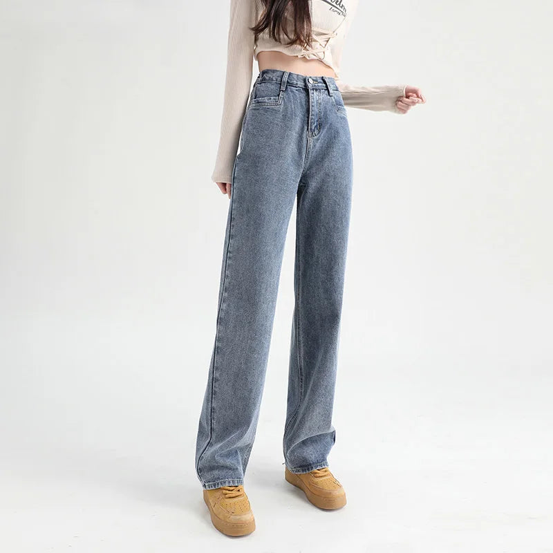 Woman Jeans Elastic High Waist Wide Leg Cotton Denim Clothing Blue White Streetwear Vintage Fashion