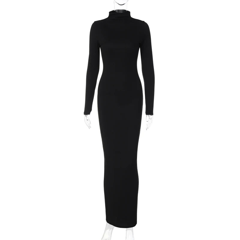 Solid Ribbed Sexy High Neck Long Sleeve Maxi Dress