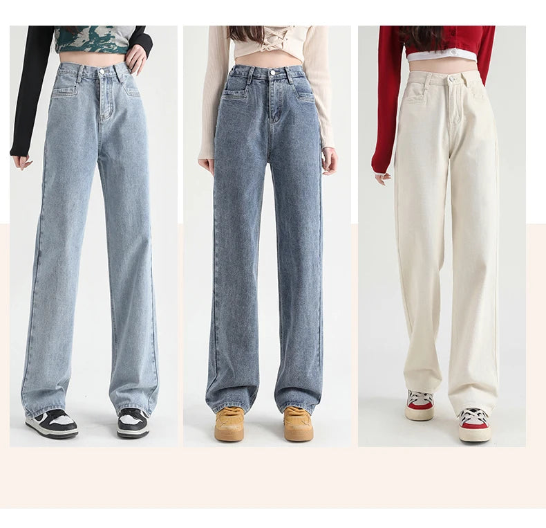 Woman Jeans Elastic High Waist Wide Leg Cotton Denim Clothing Blue White Streetwear Vintage Fashion