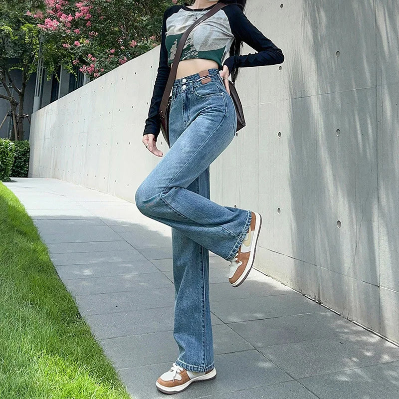 Woman Jeans High Waist Straight Wide Leg Cotton Denim Clothing Blue Streetwear Vintage Fashion  Trousers