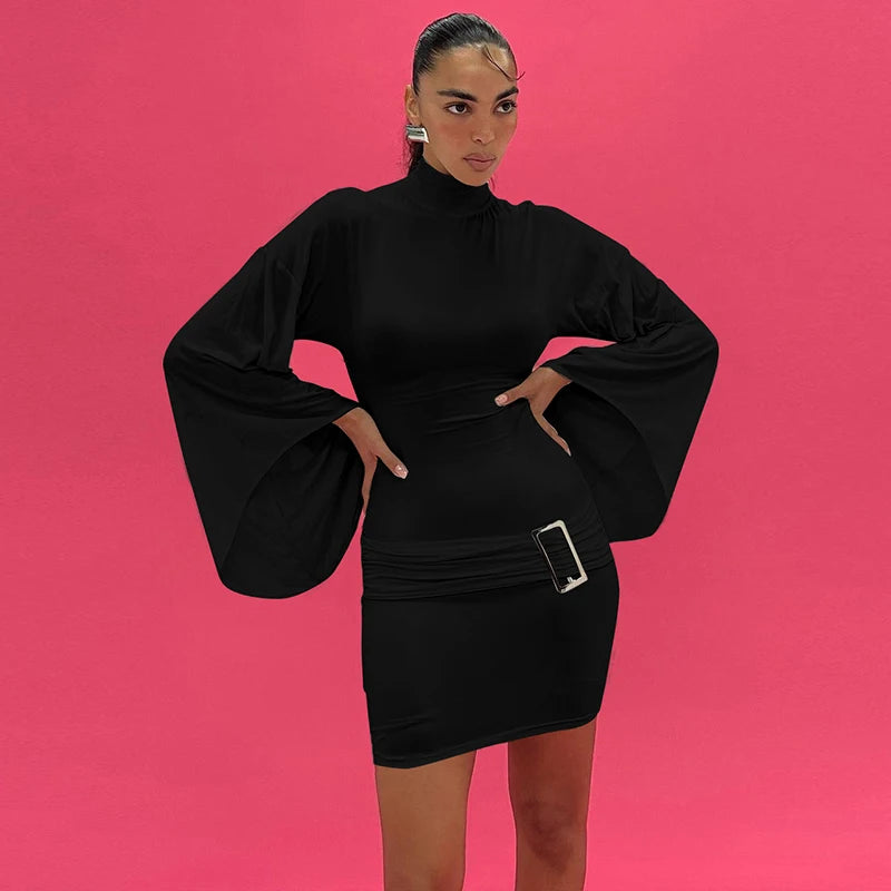 Solid Pure Color Half Turtleneck Long Trumpet Sleeves Mini Dress