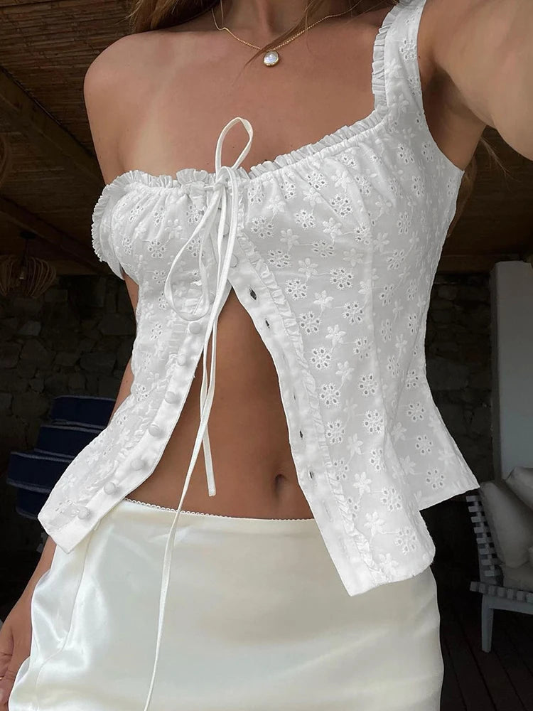 Women Crop Top Cotton Clothing Button Square Collar Straps Tank Top