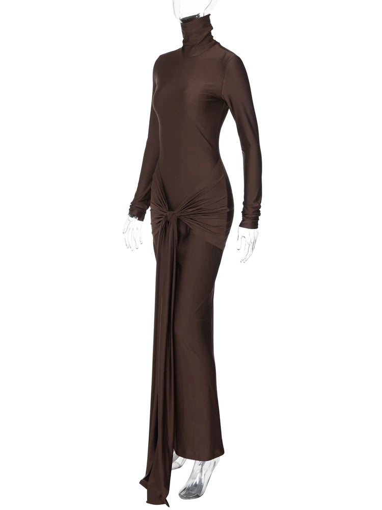 Solid Pure Color Turtleneck Tassels Long Sleeves Maxi Dress