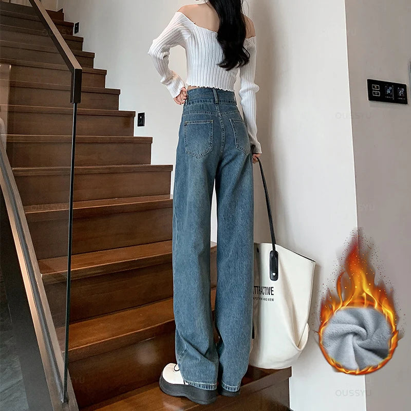 Winter Jeans Women Fleece Warm Denim Trousers High Waist Casual Loose Female Denim Pants Thick Velvet Cotton Woman Jean