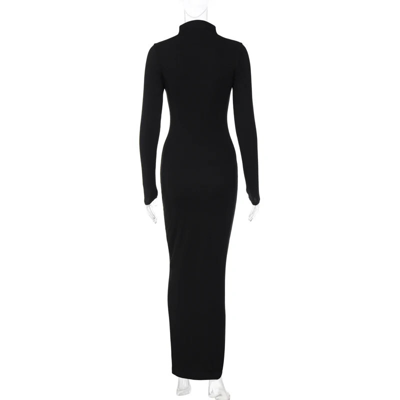 Solid Ribbed Sexy High Neck Long Sleeve Maxi Dress