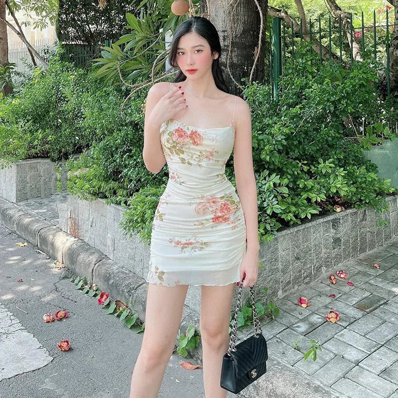 Floral Print Women Mesh Strap Mini Dress