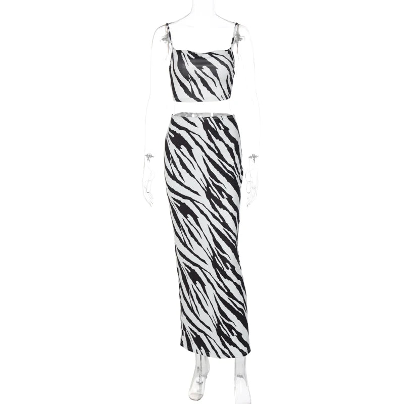 Women Sexy Ribbed Y2K Clothes Zebra Print 2 Pieces Sleeveless Backless Crop Tops Bodycon Maxi Skirt Matching Set Club