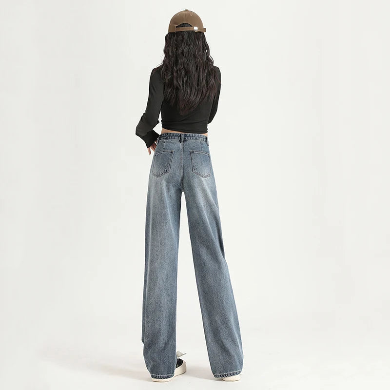 Women Straight  Jeans Adjust Elastic High Waist Vintage Denim Pants Leisure Streetwear  Fashion Loose Wide Leg Trousers