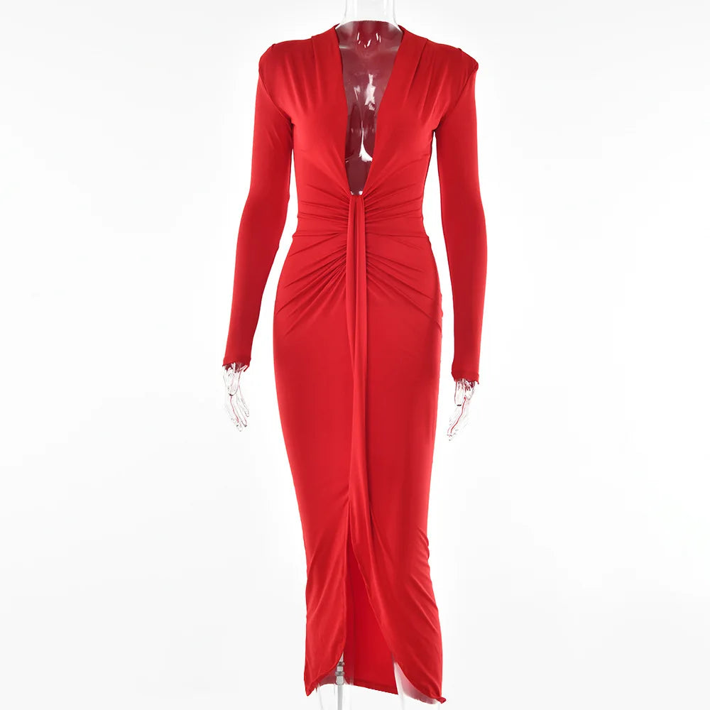 Ruched Irregular Sexy Y2K Clothes Long Sleeve Midi Dress