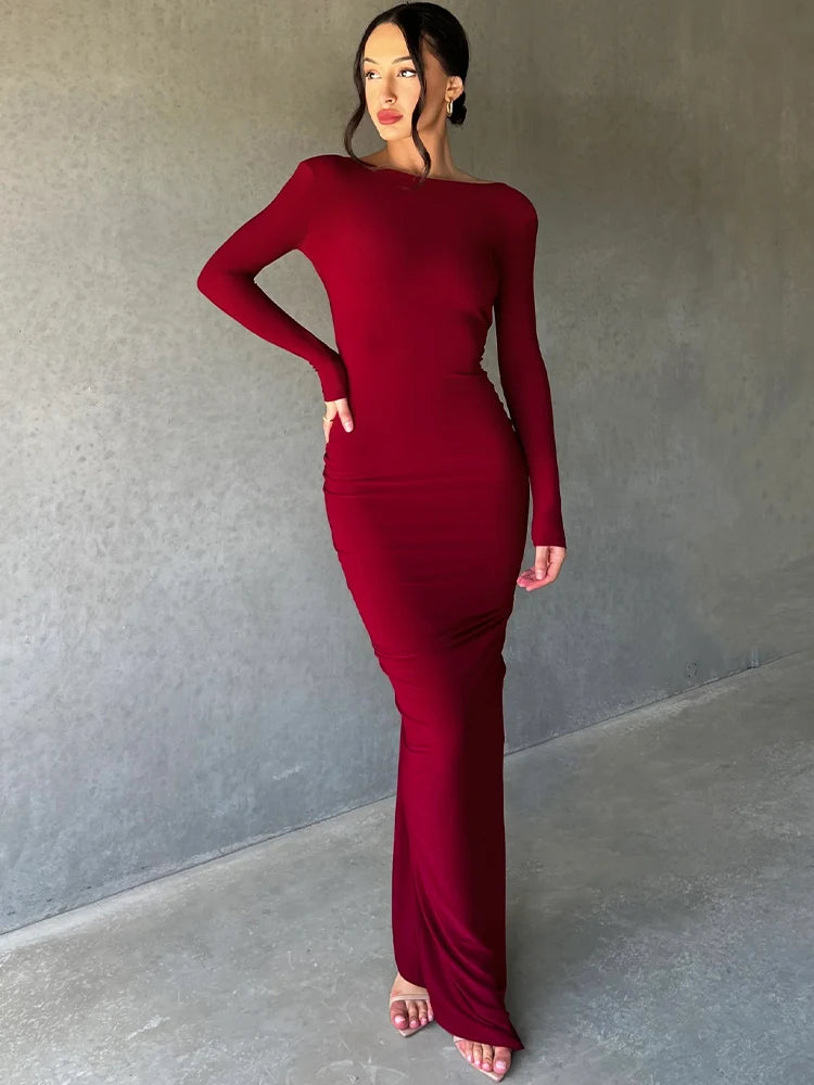 Deep V-Neck Ruched Solid Body-Shaping Long Sleeve Maxi Dress