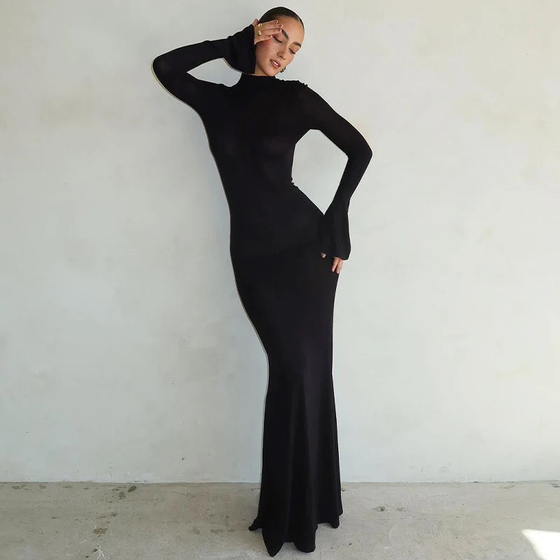 Women Solid Half Turtleneck Trumpet Sleeves Backless Maxi Dress