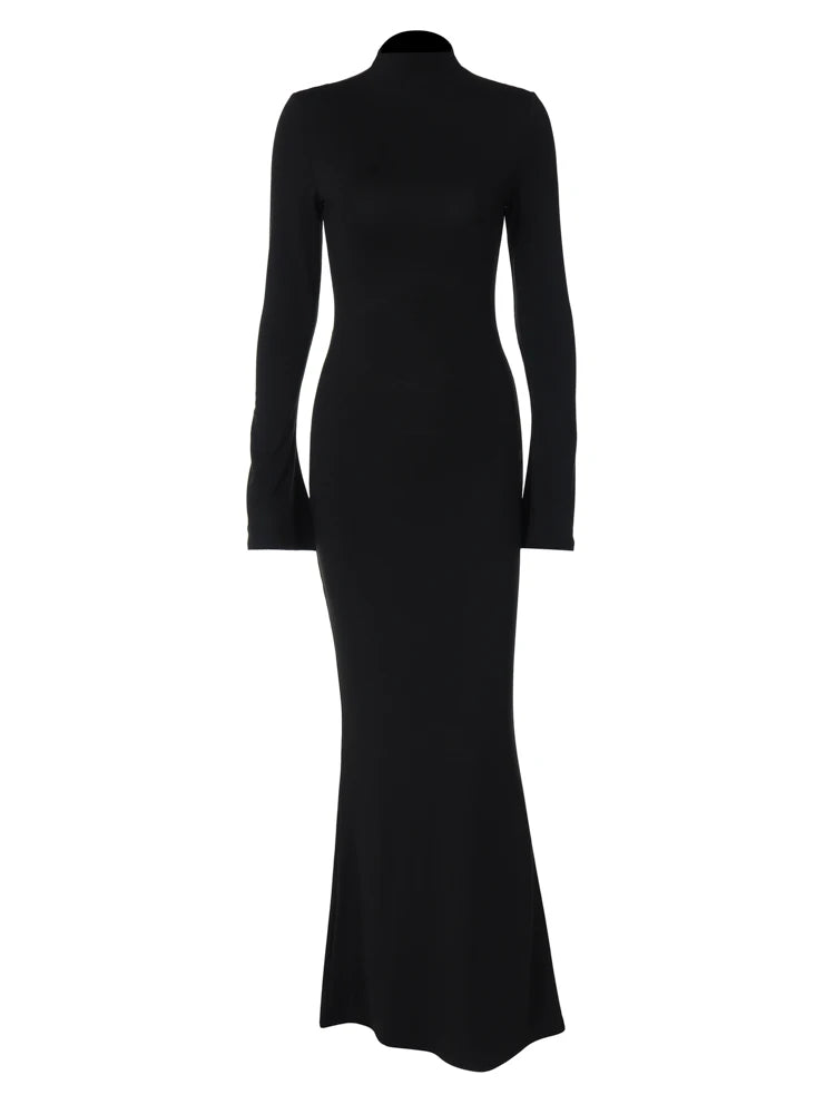 Women Solid Half Turtleneck Trumpet Sleeves Backless Maxi Dress