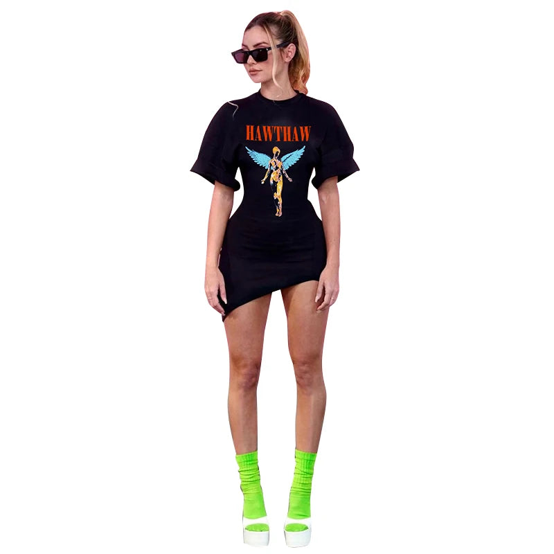 Sexy Y2K Clothes Letter Tie Dye Print Short Sleeve Mini Dress