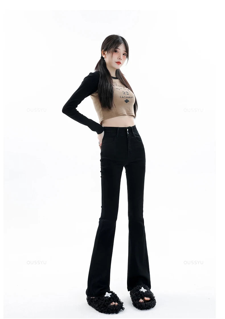 Women's Jeans Cotton Denim Flared Pants Elastic Force Vintage Streetwear High Waist Slim Mom Harajuku Trousers