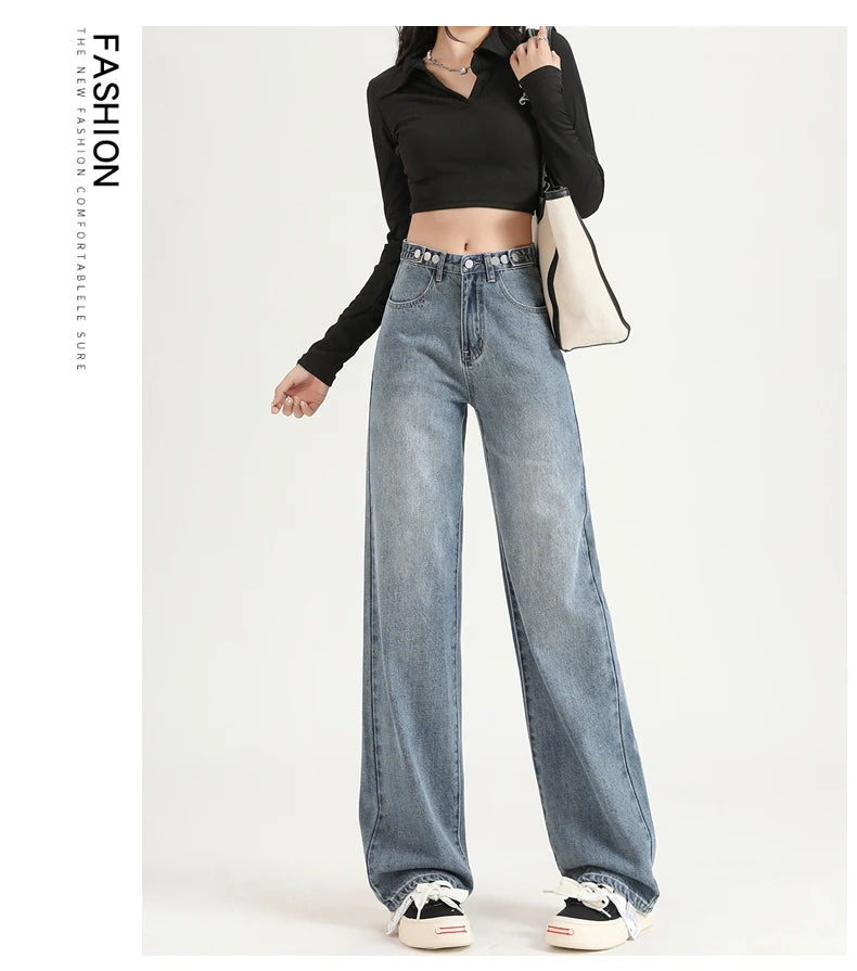 Women Straight  Jeans Adjust Elastic High Waist Vintage Denim Pants Leisure Streetwear  Fashion Loose Wide Leg Trousers