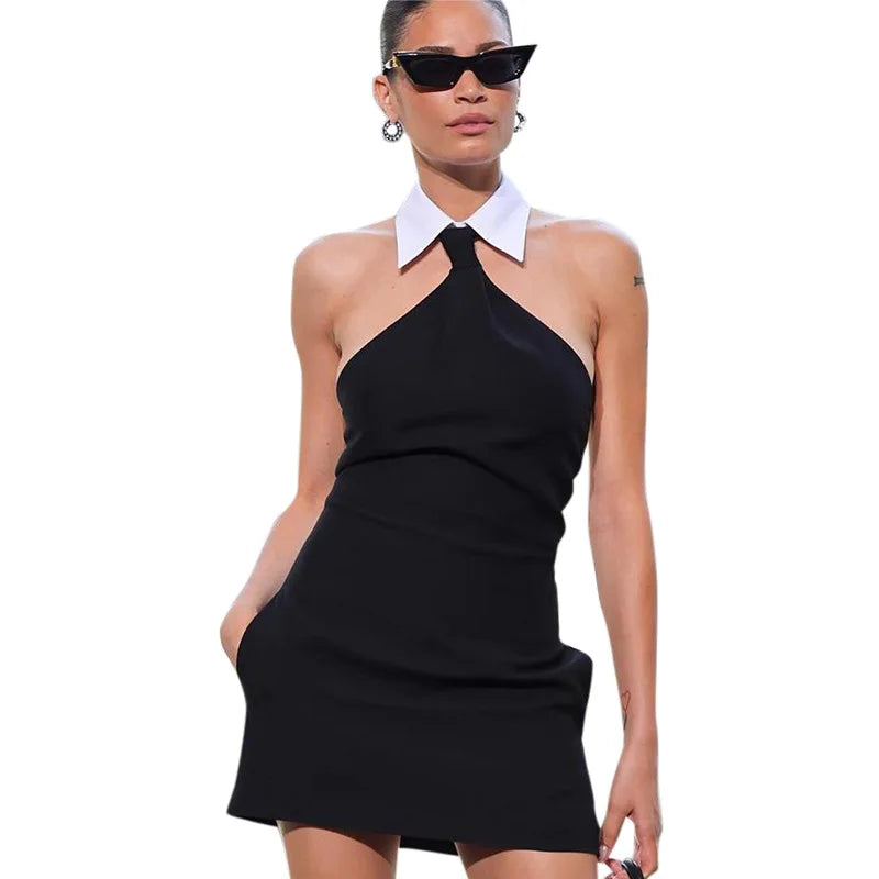 Sleeveless Turn Down Collar Black Mini Dress