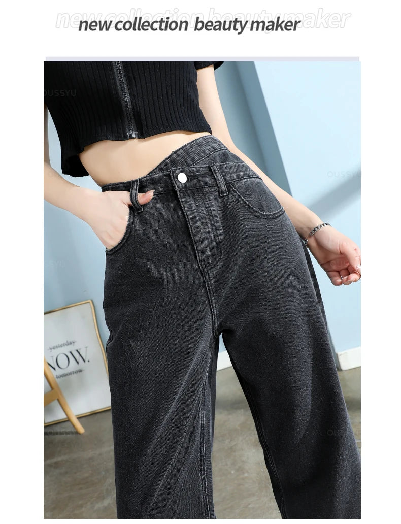 High-Quality Cotton Jeans Women Wide Leg Denim Pants Femme Black Blue Streetwear Baggy Straight Design Waist Trousers