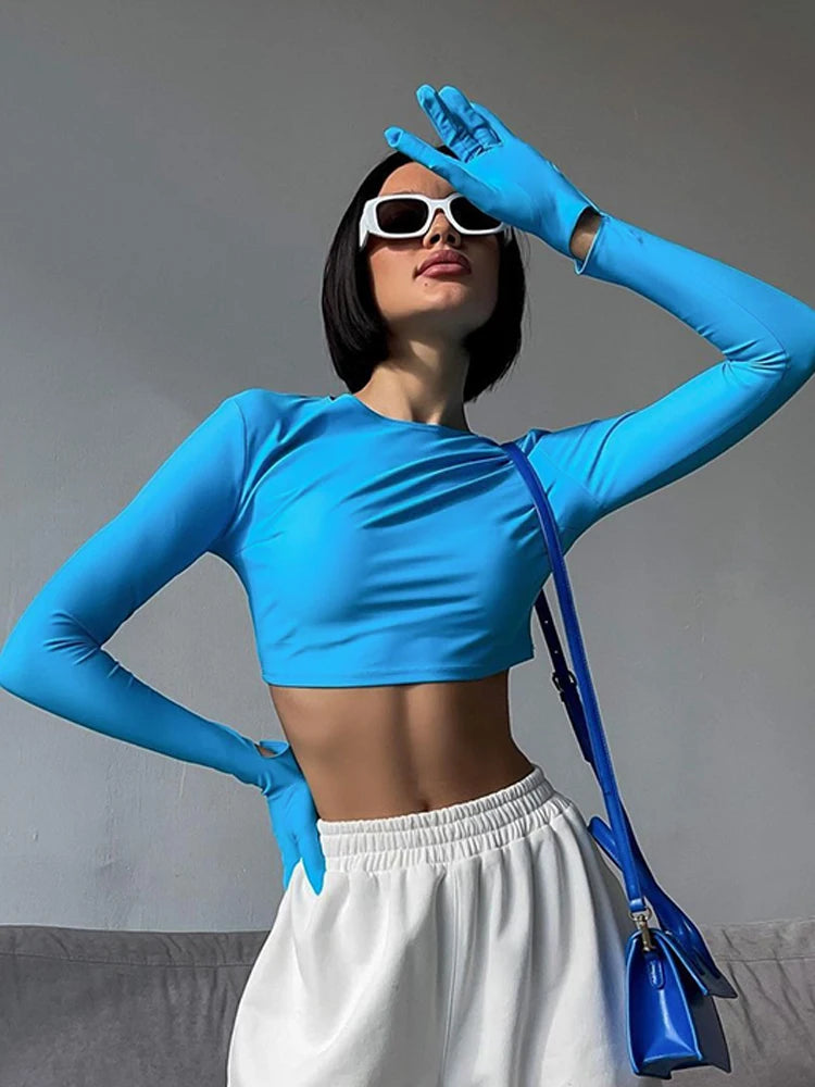 Cotton T-Shirt Crop Top Long Sleeve With Gloves 2023