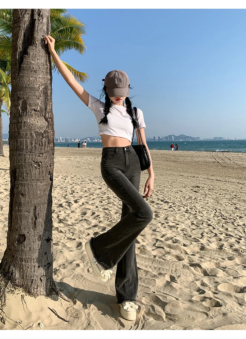 Flared Jeans Women Cotton Vintage Blue Denim Pants Streetwear Elastic High Waist Slim Harajuku Trousers