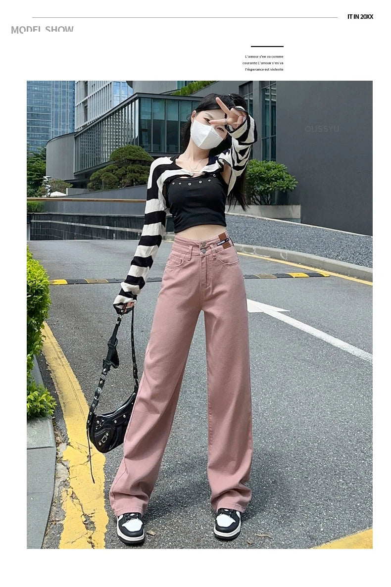 Woman Jeans High Waist Straight Wide Leg Cotton Denim Clothing Blue Streetwear Vintage Fashion  Trousers